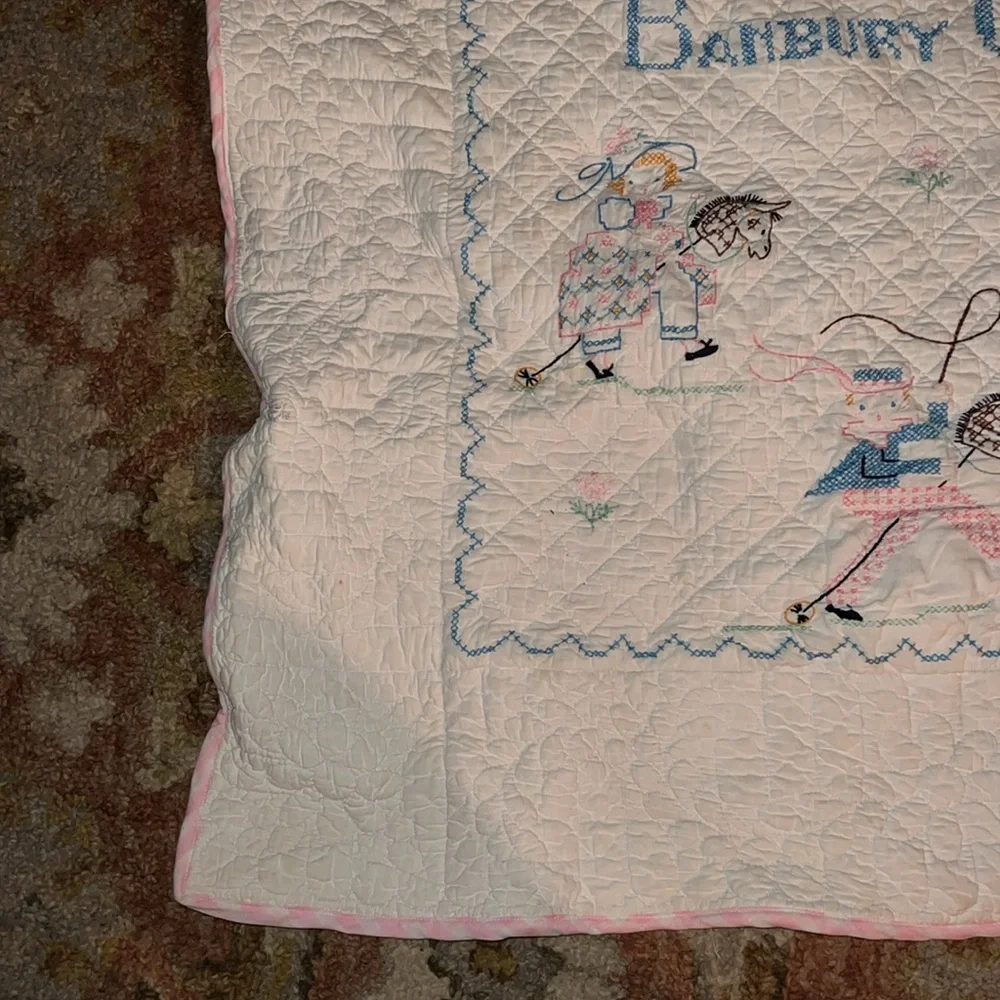 Embroidered Nursery Rhyme Quilt - White and Blue 44” x 36”